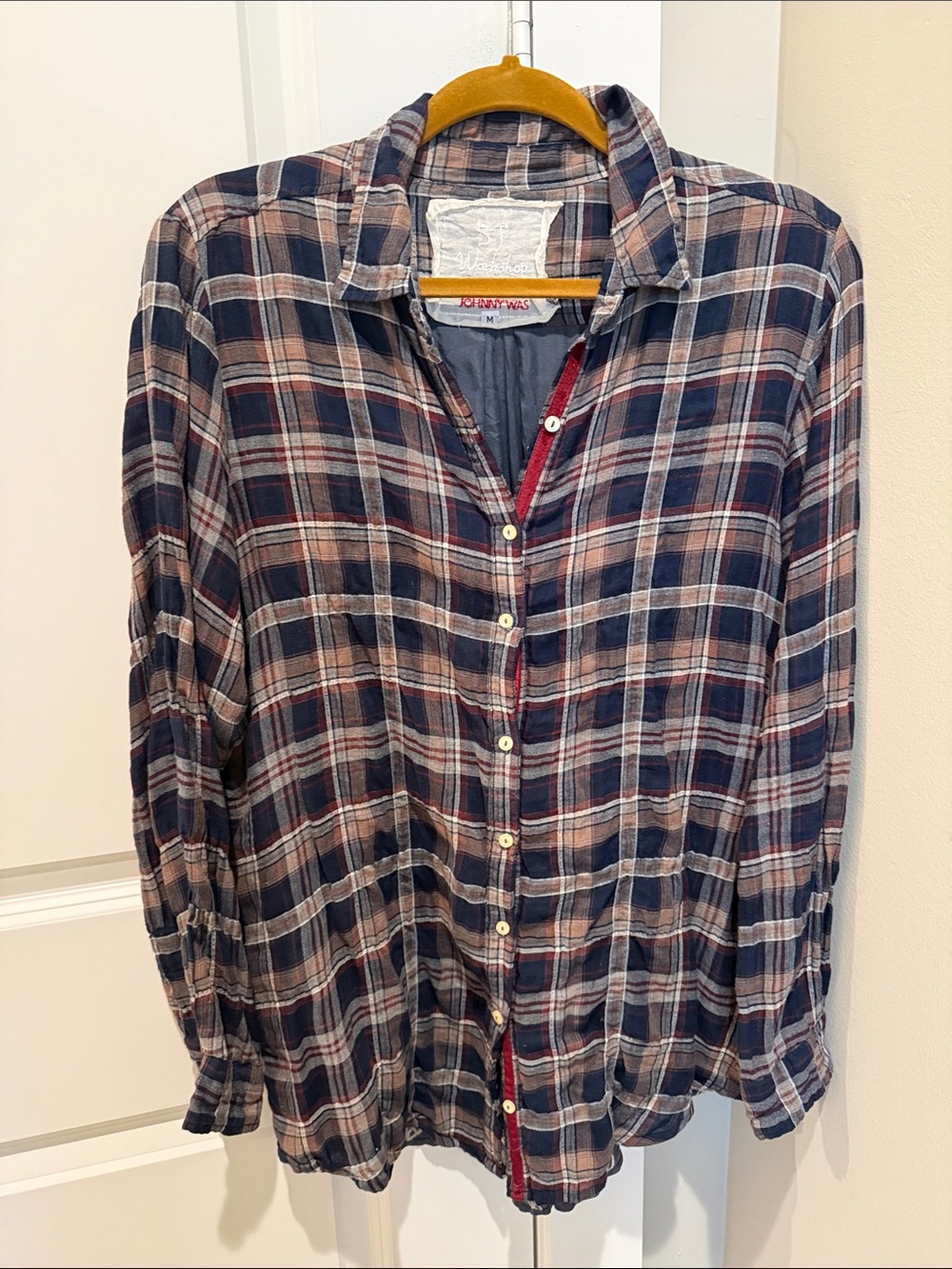 Johnny Was Navy Blue Red and Cream Plaid Button-Up Blouse